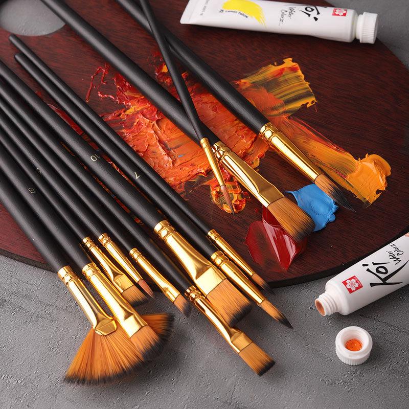 12-Piece Multi-functional Nylon Bristle Brush Set for Watercolor and Fine-line Chinese Painting