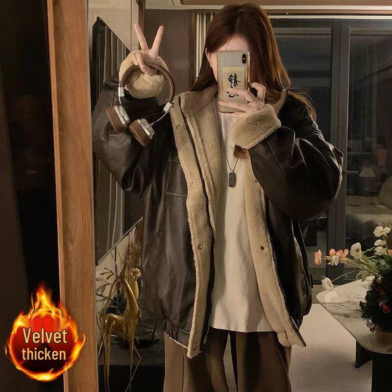 Unisex Retro Coffee Leather & Fur Jacket: Winter Trendy Loose Fit with Fleece & Thickened Cotton