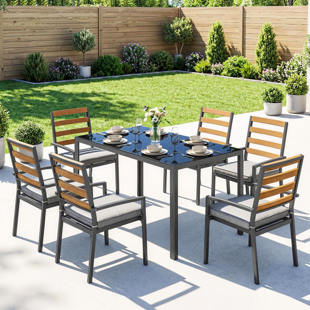 7-Piece Garden Dining Set, Table and Chairs for 6 People, Black