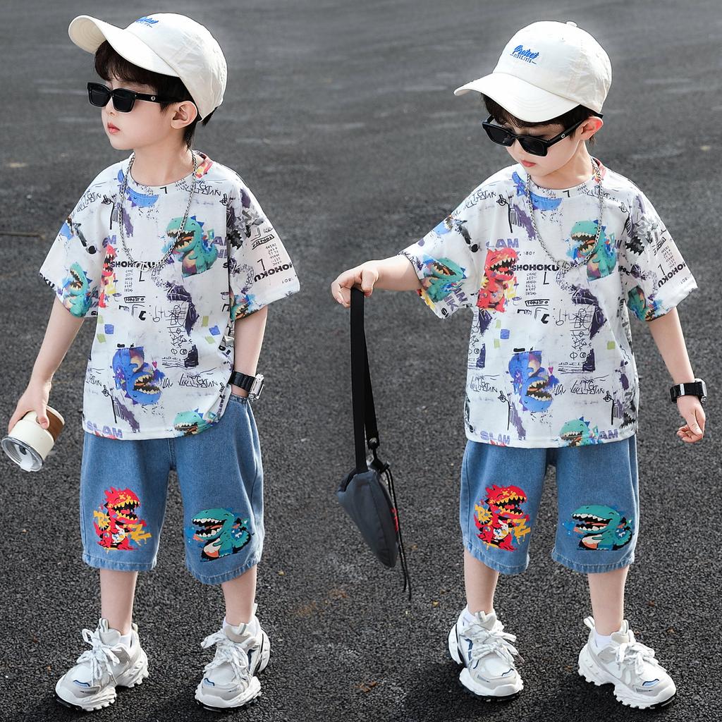 Boys' Summer Set 2026 New Style Rascal Trendy Children's Dinosaur Short sleeved T-shirt Men's Treasure Summer Half sleeved Clothes
