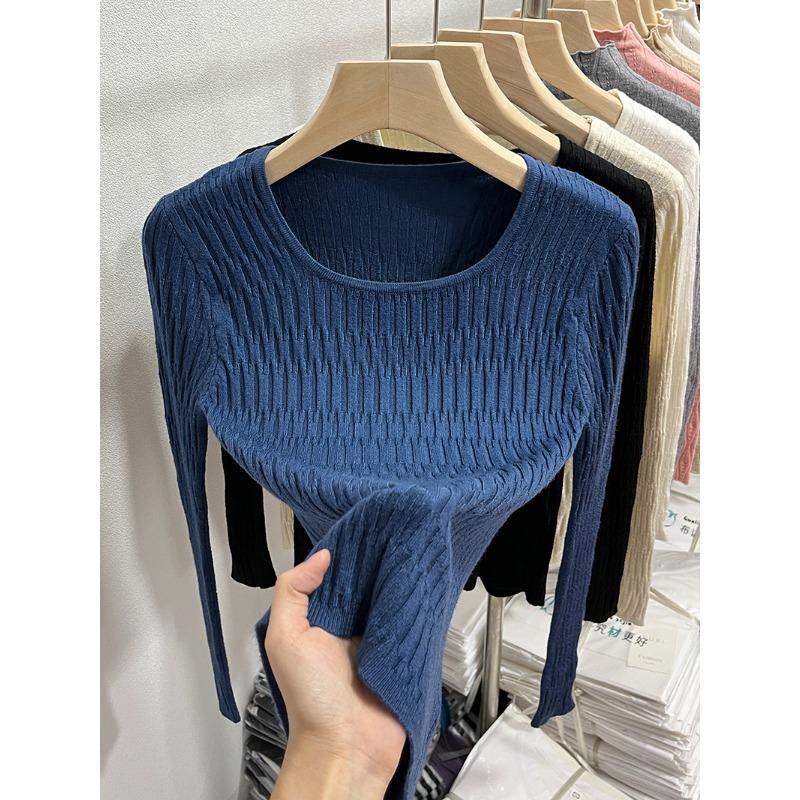 

Новый корейский модный вязаный свитер для женщин, осень-зима, длинный рукав, плиссированный, повседневный, простые топы, элегантный, облегающий, с круглым вырезом, одежда 2414 One Size синий