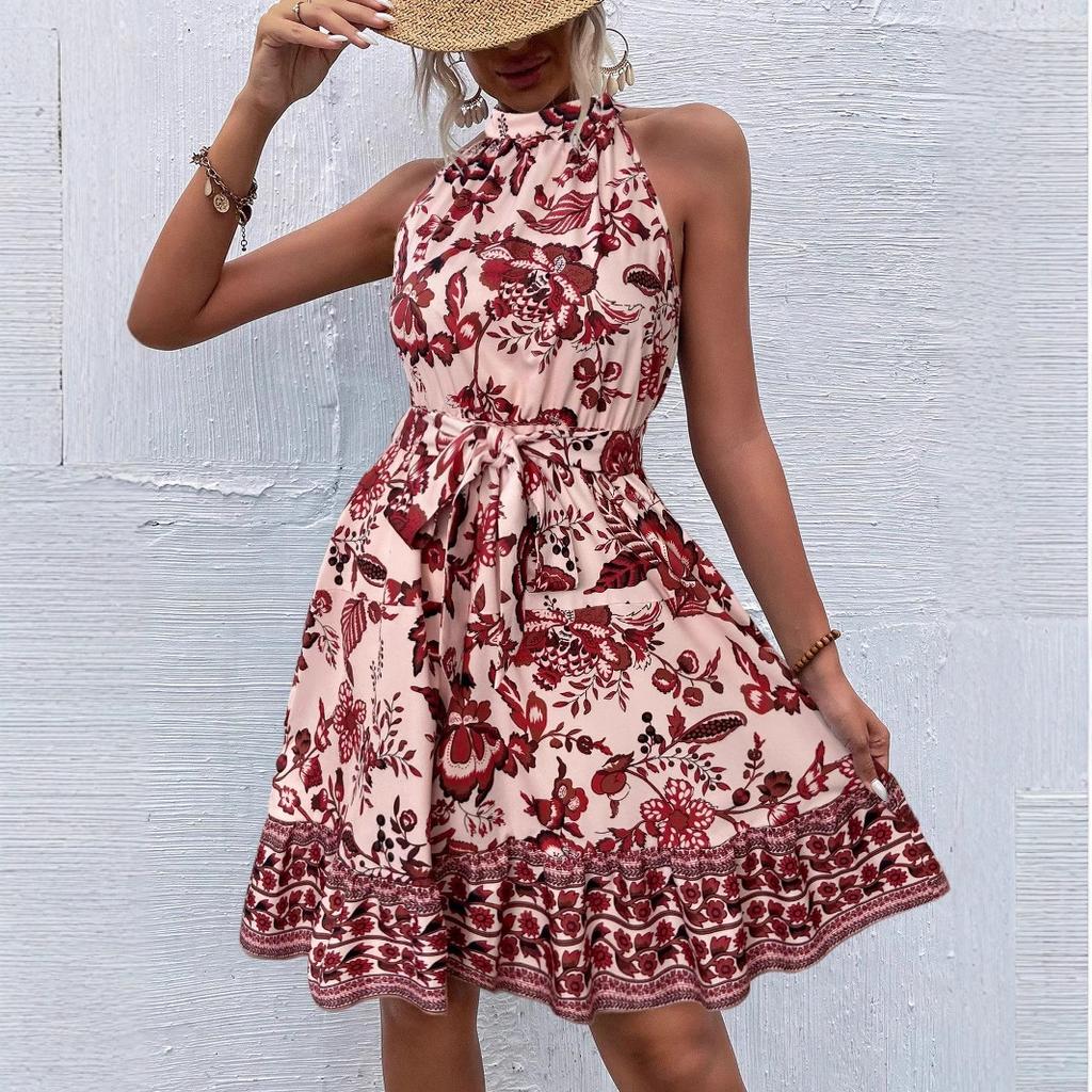 Women's Summer Floral Dress - Halter Tie-Waist Wrap Dress