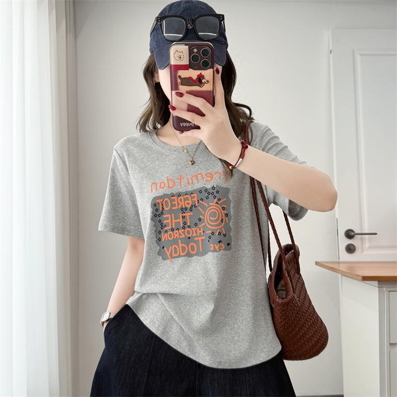 

2026 Plus Size Women s Short Sleeve Letter Print Cotton T-shirt, Casual Round Neck Top 3XL серый