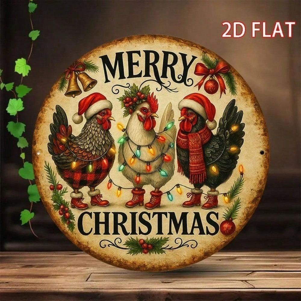 Festive Tin Sign 8x8 Inch, Vintage Metal Wall Art with Rooster and Reindeer for Christmas Holiday Home Bar Cafe Decor