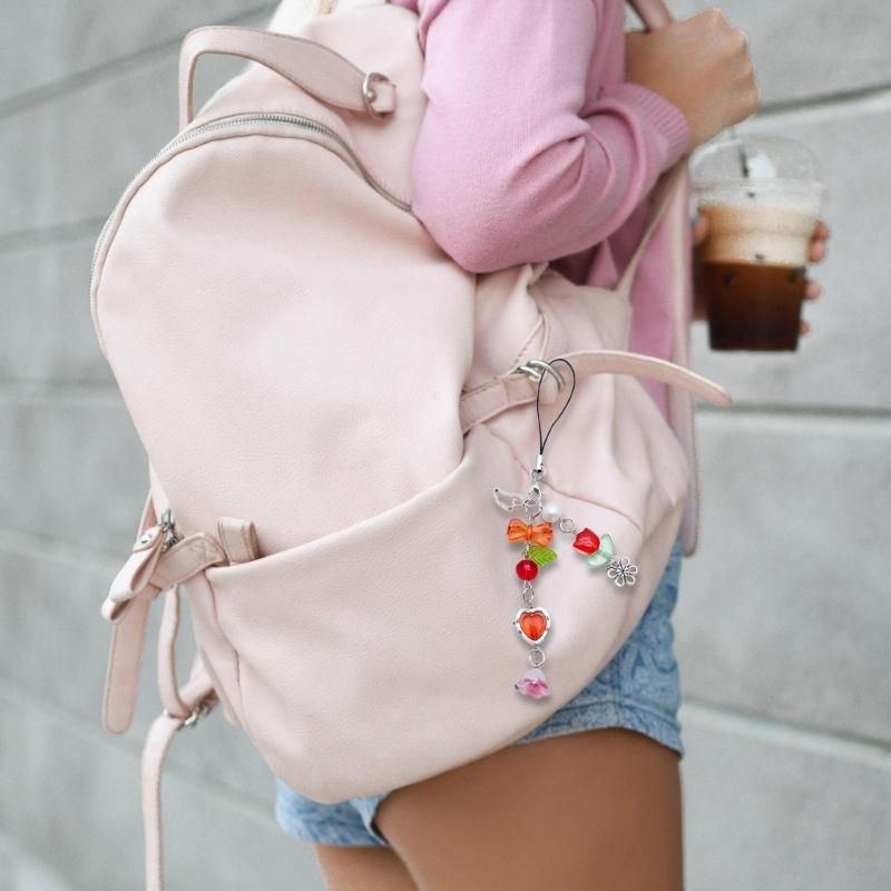 Sweet Bowknot Beaded Phone Charm Flower Chain Keychain Fashion Accessory Bag Pendant Keyring for Phones and Backpacks