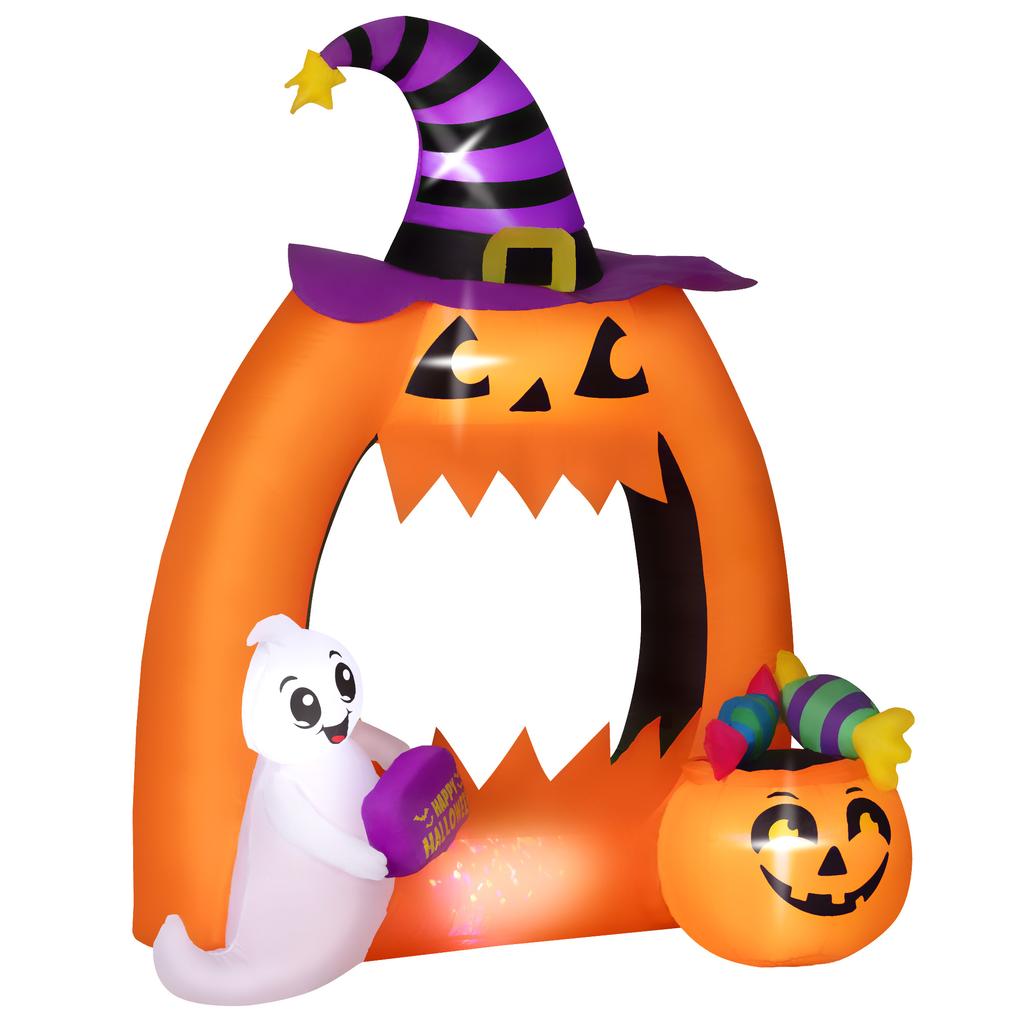 Arco de Calabaza Inflable de Halloween de 150 cm con Fantasma Lindo, Decoración Inflable de Halloween con Luces LED