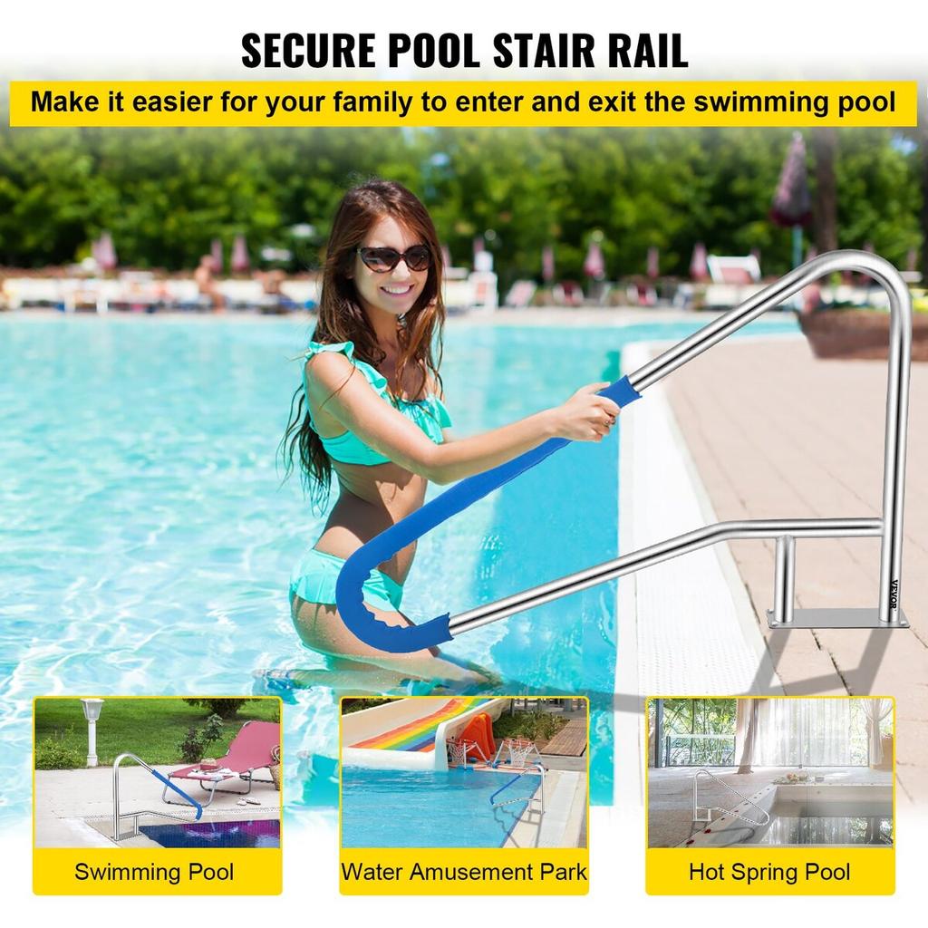 Pool Rail 55x32" Pool Railing 304 Stainless Steel 250LBS Load Capacity Silver Rustproof Pool Handrail Humanized Swimming Pool Handrail with Blue Grip