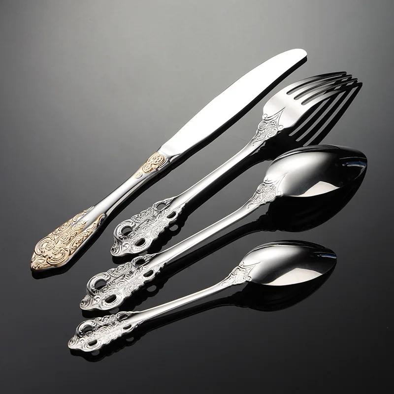 Palace Series Stainless Steel Cutlery Sets Western Food Knives Forks Spoons Teaspoon Luxury Golden Tableware Home and Kitchen