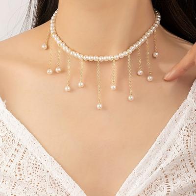 1PC Gold Imitation Pearl Necklace, Fashionable Fringed Design Women's Jewelry, French Retro Neck Chain