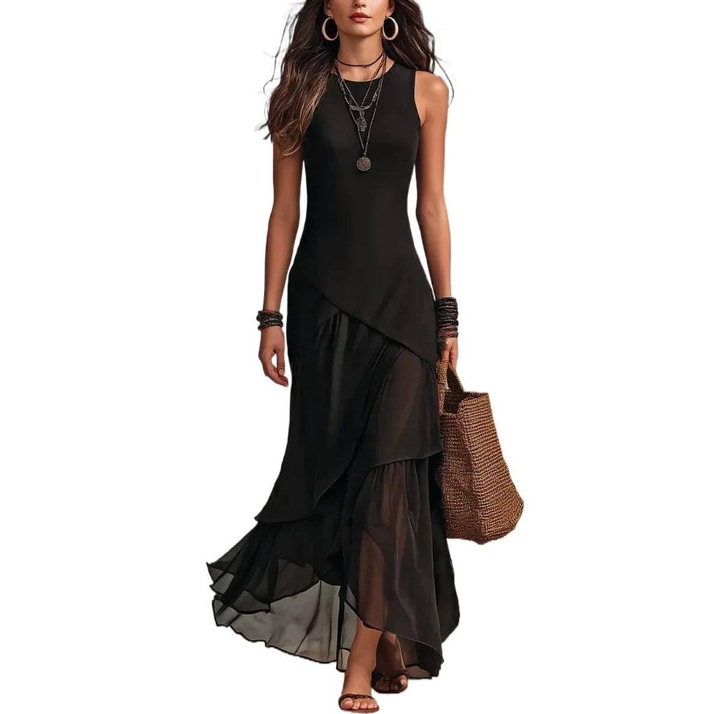 European and American solid color sleeveless round neck splicing irregular chiffon ruffle edge elegant holiday dress