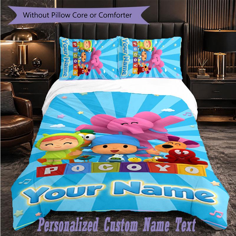 Personalized 3Pcs Bedding SetPocoyó Custom Text Duvet Cover Pillowcase Set Bedroom Gift