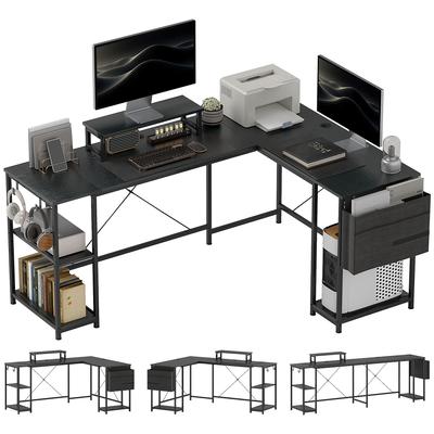 Modular Reversible Corner Desk 168-240 Cm Industrial Style - Adjustable Shelf, Storage Bag, Monitor Stand
