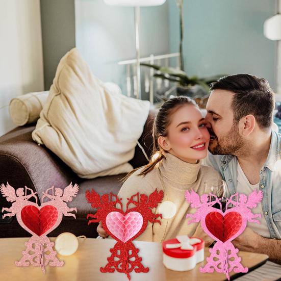 4 Pcs Valentine's Day Honeycomb Centerpieces 3D Glitter Cupid Heart Shaped Honeycomb Ornament Romantic Tabletop Sign for Weddings Valentine's Day