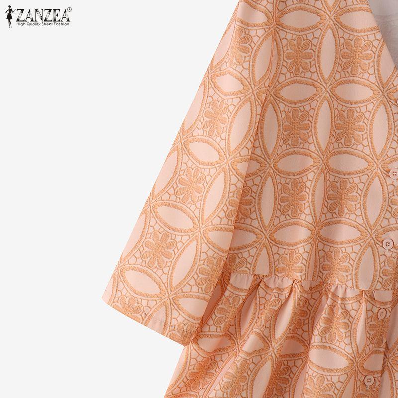 ZANZEA Damen Casual V-Ausschnitt 3/4-Ärmel Locker Bedruckte Bluse