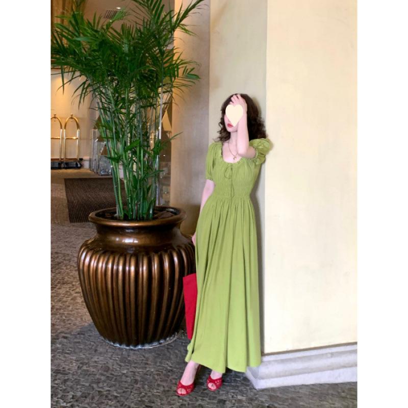 Summer new retro rose red U-neck suspender sleeveless long skirt waist thin big swing dress M