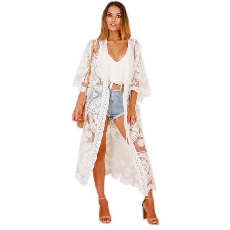 Damski Długi Koronkowy Kimono Kardigan Biały Przezroczysty Otwarty z Przodu Cover Up