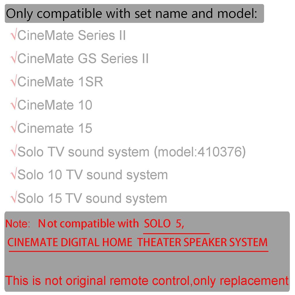 Replacement Remote Control for Bose CineMate 10, Cinemate 15, and Solo 10, 15 TV Sound Systems