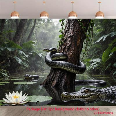 2D Flat Surface, Polyester, 1 Piece - Alligator Tree Rainforest Water Feature, Suitable for Parties and Photography Back