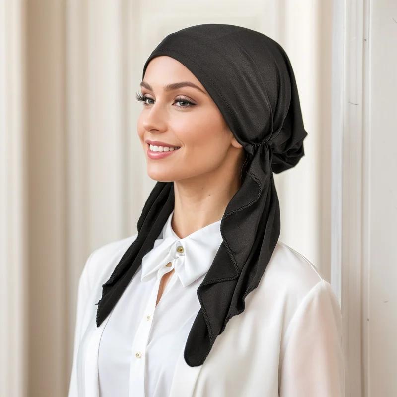 New Muslim Inner Hijab Turban Women Pre-Tied Cap Long Tail Headscarf Wrap Beanies Bonnet Head Scarf Stretch Headwear Ninja Hat