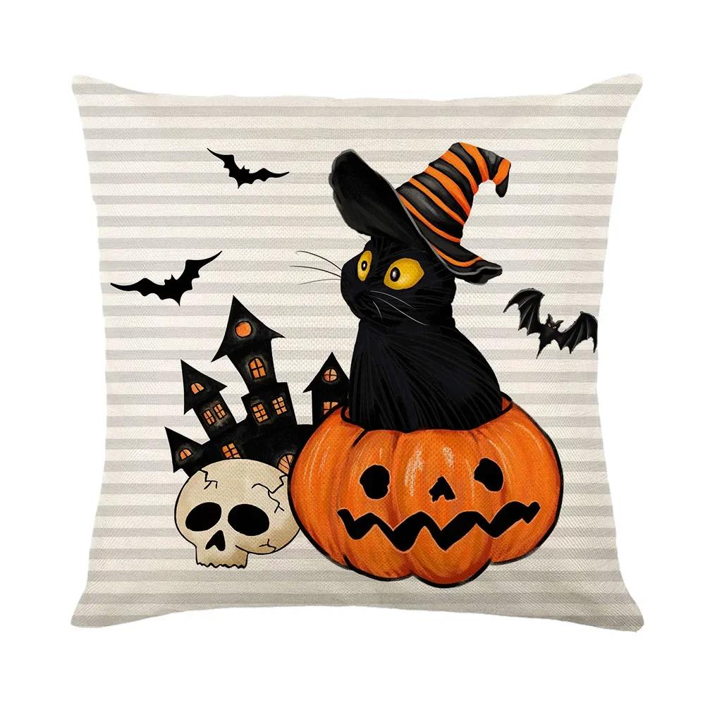 Halloween Decor Pillow Case 45X45 Pillow Cover Funny Pumpkin Ghosts Black Cat Print Cushion Cover Home Decorations Holiday Gifts
