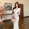 Mature & Stylish V-Neck Lace Dress with Flowing Ribbon, Waist-Cinching Fishtail Skirt – Perfect for Spring & Autumn