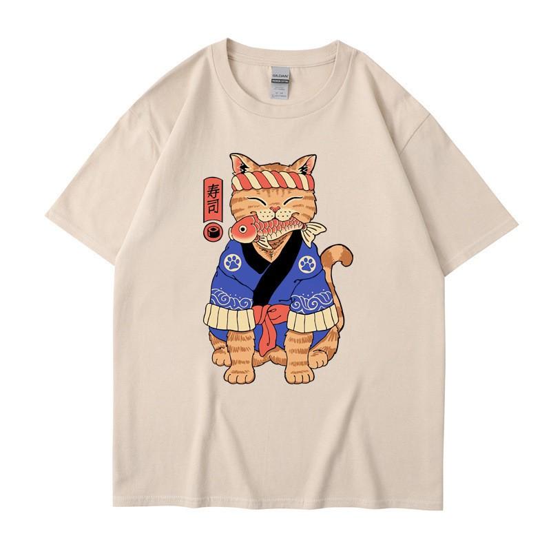 Japanese Harajuku Samurai Sword Cat T-Shirt Men Women Casual Tee Clothes Cotton Summer Tops Breathable T-Shirts