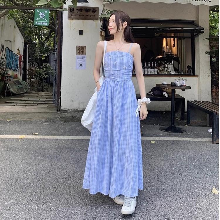 Blue retro light ripe wind sleeveless plaid suspender tube top dress for women's summer showing thin temperament waist skirt long dress