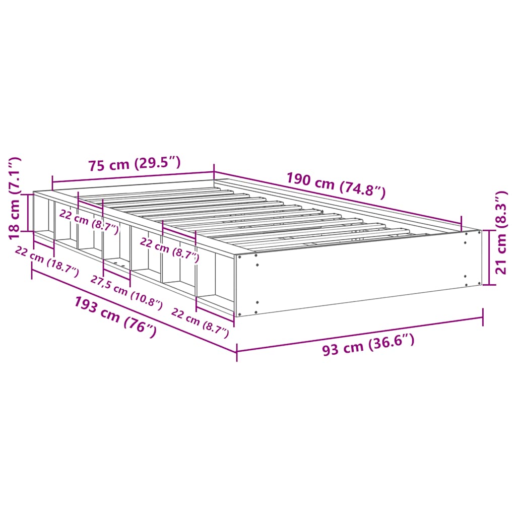 Solid Wood Bed without Mattress 75 x 190 cm Oak Wood