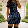 Women Plus Size Black Round Neck Short Sleeve Printed Fitted Mini Dress