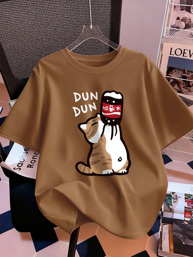 Drink Cartoon Dun Dun Cat Prints TShirts Womens Cotton Summer Short Sleeve T Shirt Loose Soft ONeck Tops Casual Womans Clothes