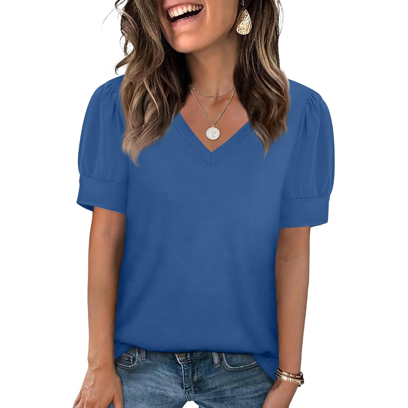 

Women s Fashion Casual V, Neck Short Sleeve Color Shirt Women s Up Tops XXL синій