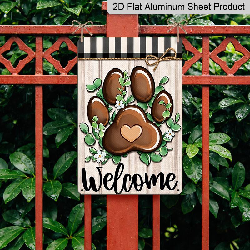 2D Flat Dog Paw Print Welcome Metal Sign, 8×12 Inch Aluminum Wall Art, Rustic Farmhouse Design with Greenery & Plaid, Durable Decor for Pet Lovers