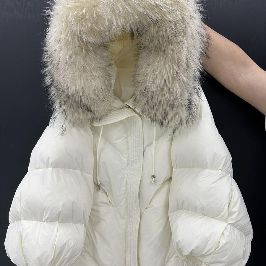 

Зимняя большая пуховая куртка с капюшоном из натурального меха для женщин, теплая куртка с вязаными рукавами, пуховик средней длины L