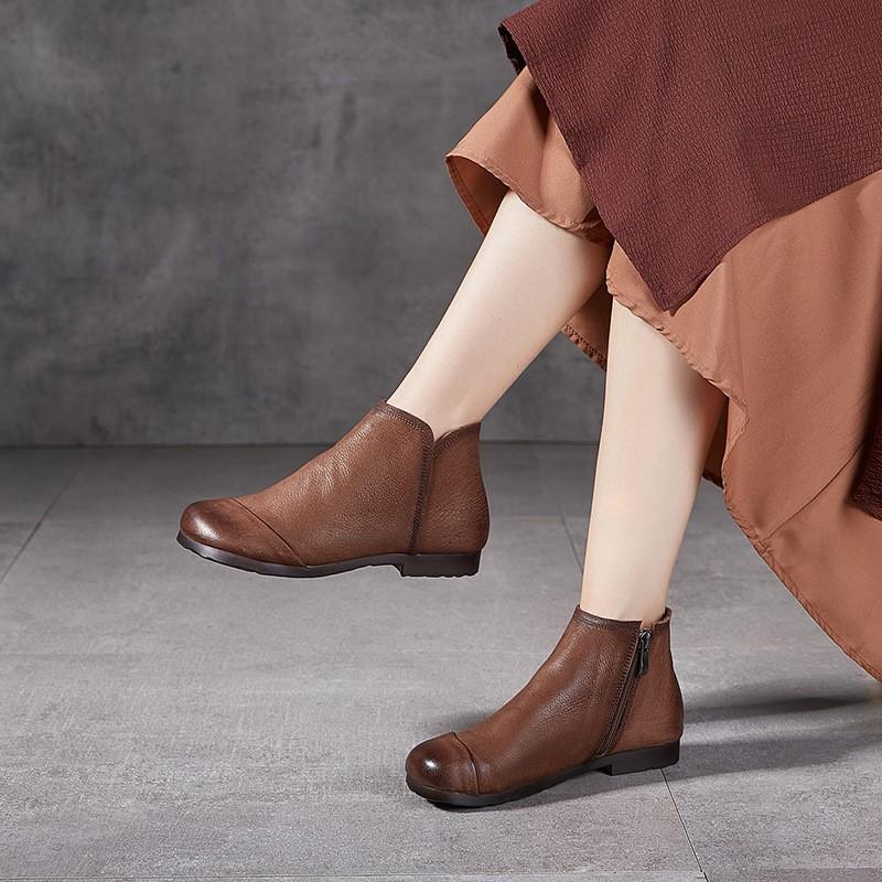 Johnature Stivaletti alla Caviglia Retro Vera Pelle Suola Morbida Versatili Scarpe da Donna in Pelle Bovina