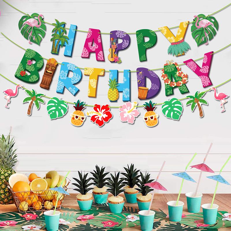 Hawaiian Flamingo Theme Pineapple Coconut Tree Pattern Children Birthday Anniversary Celebration Summer Party Decoration Banner