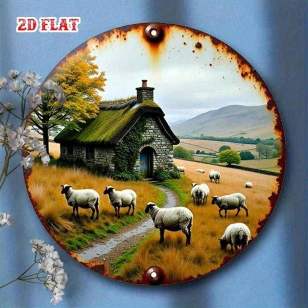 Vintage Cottage Metal Wall Art Pastoral Farmhouse Decor with Sheep Stone House Rustic Home Sign
