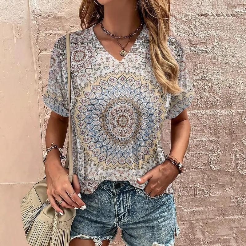 

Женская футболка Boho Harajuku с графическим принтом, летние повседневные топы с коротким рукавом, уличная мода, футболка с V-образным вырезом, женская одежда, футболки женские 3XL