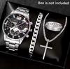 Men'S Business Watch Fake Three-Eye Calendar Roman Scale Quartz Watch Cross Necklace Bracelet Ring Set