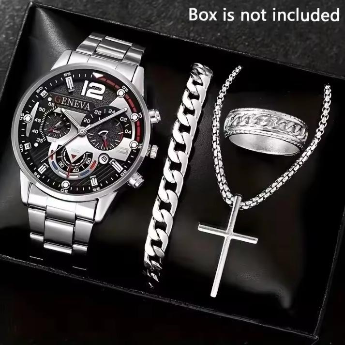 Men'S Business Watch Fake Three-Eye Calendar Roman Scale Quartz Watch Cross Necklace Bracelet Ring Set