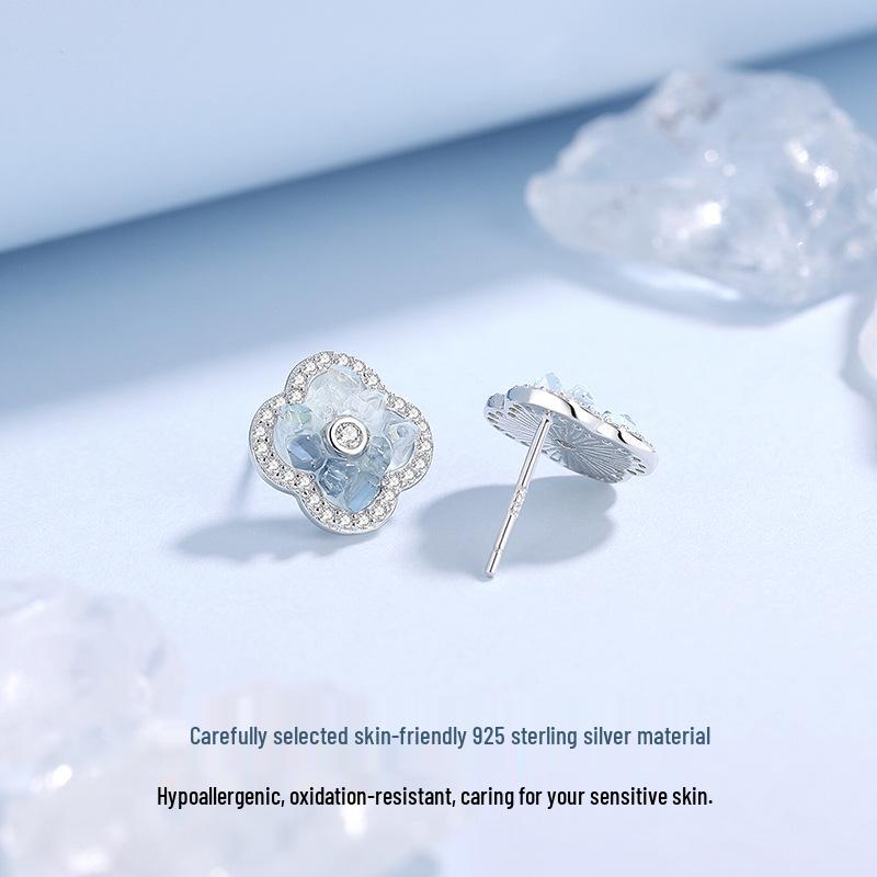 Tichya Four-Leaf Clover Gradient Crushed Ice Stud Earrings for Women in S925 Sterling Silver S925 Silver