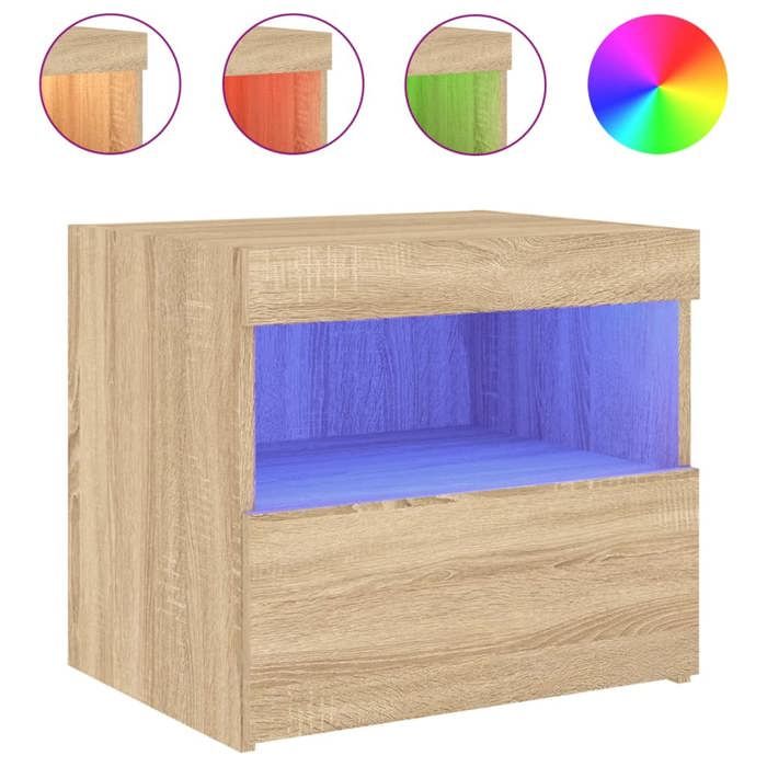 VidaXL Table de Chevet avec Lumières LED, Armoire de Lit avec Rangement, Table de Nuit, Armoire de Nuit, Moderne, Chêne 836767