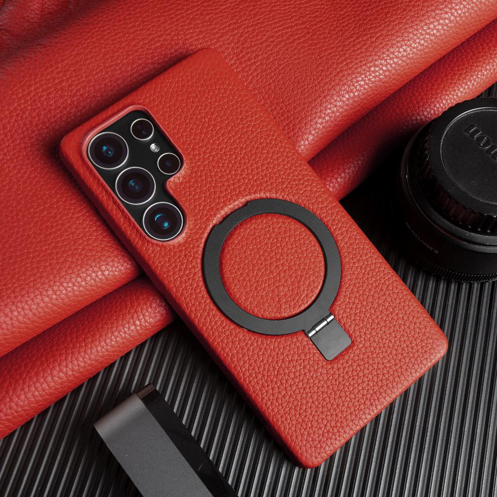 Foldable Bracket Lychee Genuine Leather Case For Samsung Galaxy S26 Ultra S25 FE S24 S23 S22 S21 Plus Back Cover Phone Case Capa