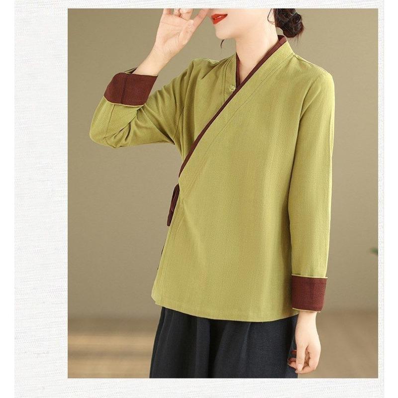 Damen Beige Wickelbluse Lässig V-Ausschnitt Leinenmischung Chinesischer Stil Krawatte Vorne Oberteil