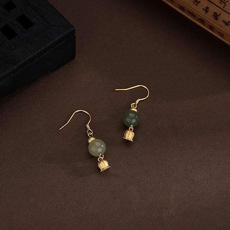 Hetian Jade Lily of The Valley Flower Ear Hook Light Luxury Retro Style Fashionable Personality High-end Ear Hook