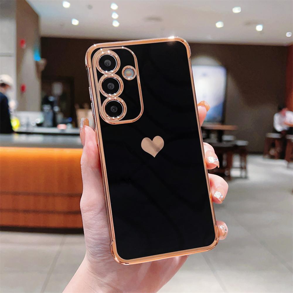 

For Samsung Galaxy S25+ Case TPU Phone Back Cover Electroplating Heart Pattern Black