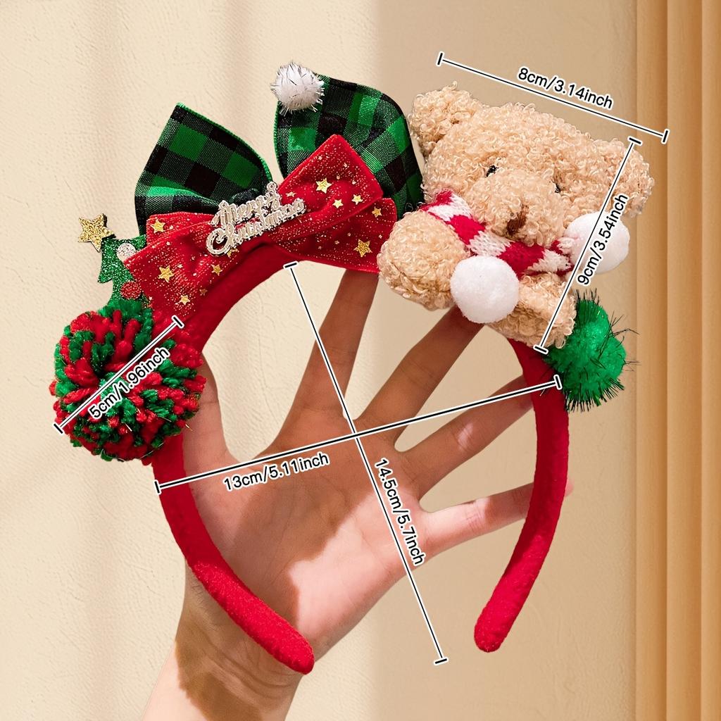 1 peça Tiara de Natal Ursinho Fofo com Orelhas Xadrez, Laço Vermelho e Verde e Pom-Pom - Acessório de Cabelo Festivo Macio e Confortável