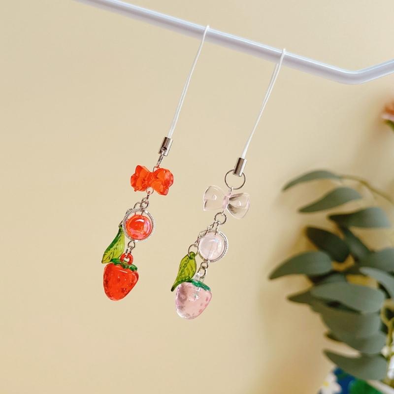 Stylish Acrylic Strawberry Green Leaf Phone Strap Mobile Hanging Decoration Charm for Decorative Fashion Use
