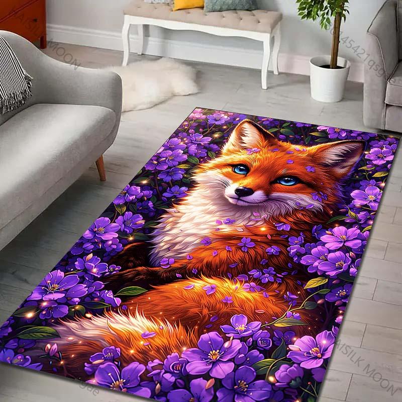 Mehrere Größen Fuchs und lila Blumen Teppich für Wohnzimmer Schlafzimmer Sofa Heimdekoration Teppich Rutschfeste Bodenmatte Luxuriöses Geschenk