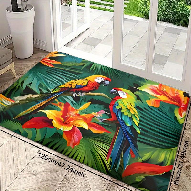 2D Flat Tropical Parrots Hibiscus Flowers Flannel Door Mat Non Slip Jungle Bird Rug for Entrance Hall Garden Home Decor