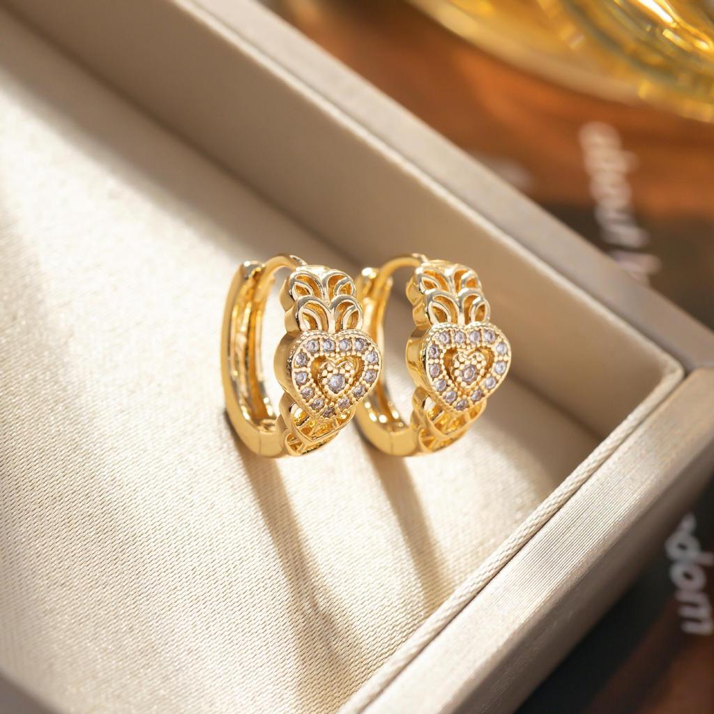 Heart-Shaped Hip Hop Zirconia Stud Earrings with European & American Design